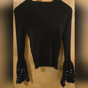 Black Sweater w/ Pearl-Button Trim